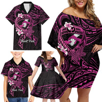 Polynesia Breast Cancer Awareness Family Matching Off Shoulder Short Dress and Hawaiian Shirt Pink Ribbon No One Fights Alone - Black LT14 - Polynesian Pride