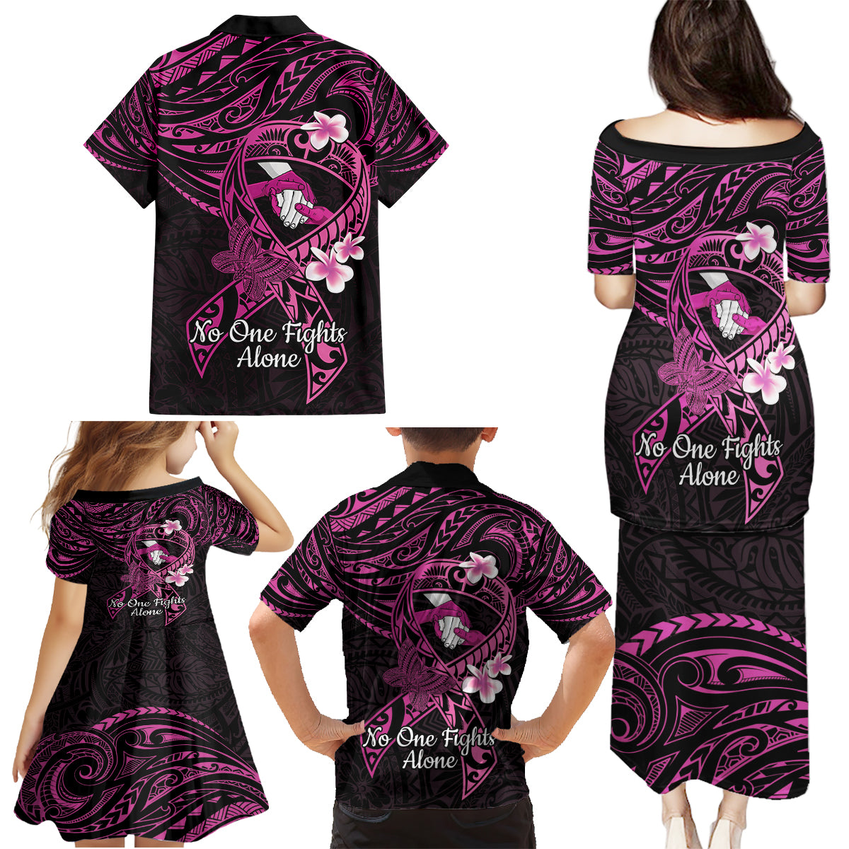 Polynesia Breast Cancer Awareness Family Matching Puletasi and Hawaiian Shirt Pink Ribbon No One Fights Alone - Black LT14 - Polynesian Pride