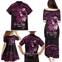 Polynesia Breast Cancer Awareness Family Matching Puletasi and Hawaiian Shirt Pink Ribbon No One Fights Alone - Black LT14 - Polynesian Pride
