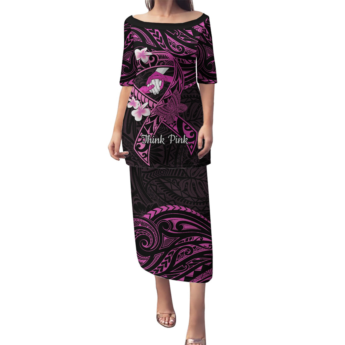 Polynesia Breast Cancer Awareness Family Matching Puletasi and Hawaiian Shirt Pink Ribbon No One Fights Alone - Black LT14 Mom's Dress Black - Polynesian Pride