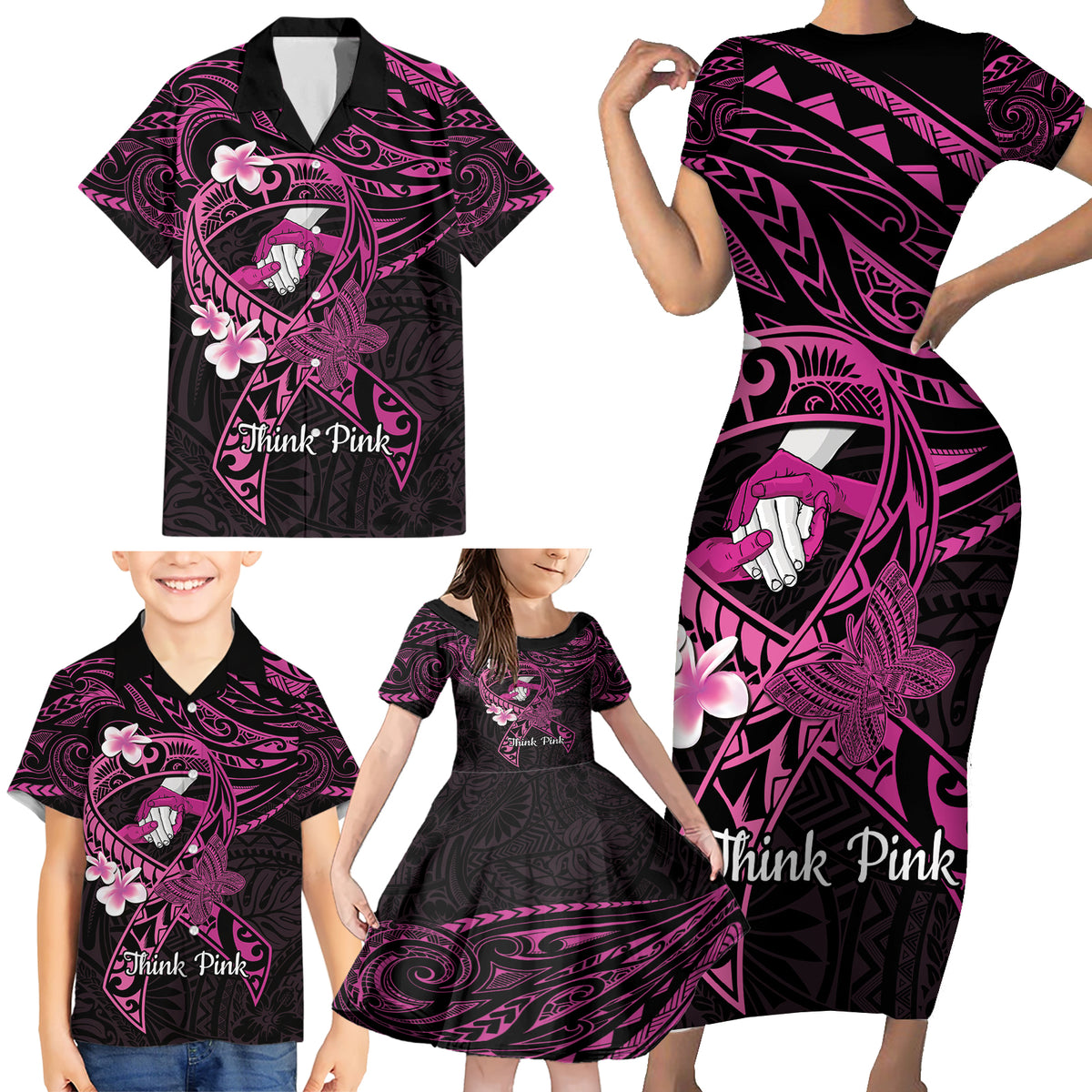 Polynesia Breast Cancer Awareness Family Matching Short Sleeve Bodycon Dress and Hawaiian Shirt Pink Ribbon No One Fights Alone - Black LT14 - Polynesian Pride