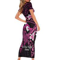 Polynesia Breast Cancer Awareness Family Matching Short Sleeve Bodycon Dress and Hawaiian Shirt Pink Ribbon No One Fights Alone - Black LT14 - Polynesian Pride