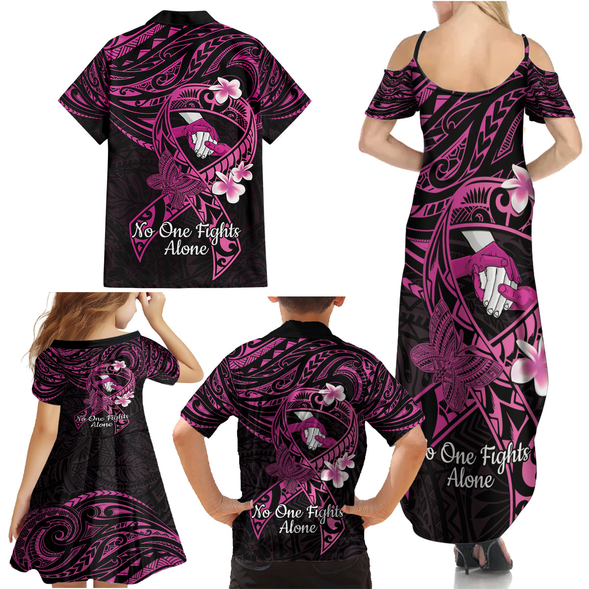 Polynesia Breast Cancer Awareness Family Matching Summer Maxi Dress and Hawaiian Shirt Pink Ribbon No One Fights Alone - Black LT14 - Polynesian Pride