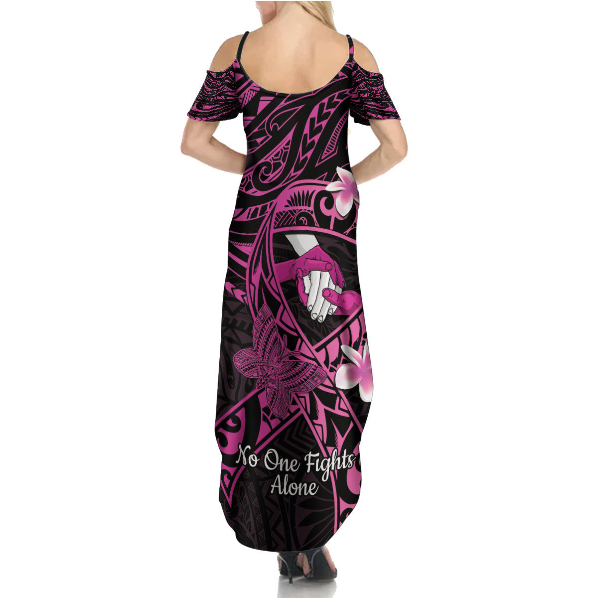 Polynesia Breast Cancer Awareness Family Matching Summer Maxi Dress and Hawaiian Shirt Pink Ribbon No One Fights Alone - Black LT14 - Polynesian Pride