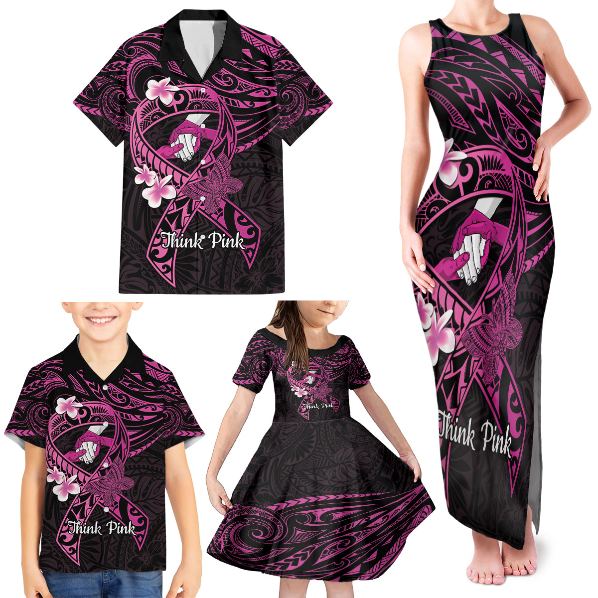 Polynesia Breast Cancer Awareness Family Matching Tank Maxi Dress and Hawaiian Shirt Pink Ribbon No One Fights Alone - Black LT14 - Polynesian Pride