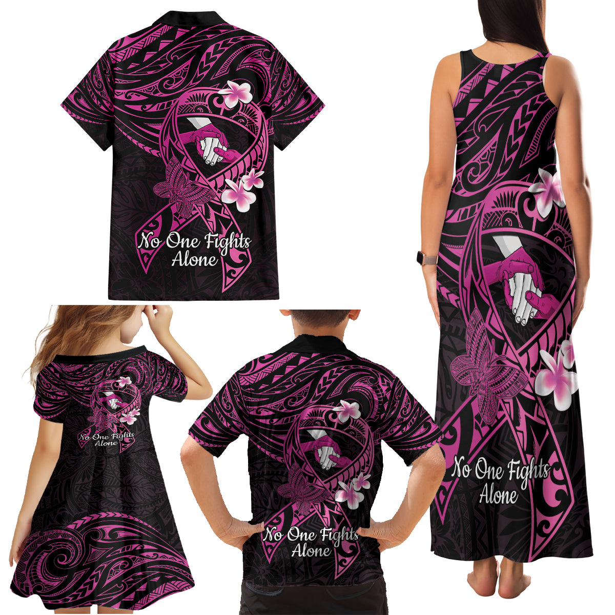 Polynesia Breast Cancer Awareness Family Matching Tank Maxi Dress and Hawaiian Shirt Pink Ribbon No One Fights Alone - Black LT14 - Polynesian Pride
