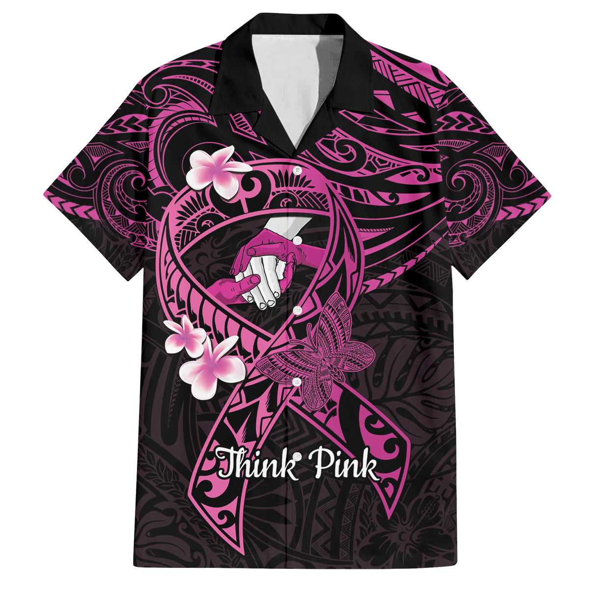 Polynesia Breast Cancer Awareness Family Matching Tank Maxi Dress and Hawaiian Shirt Pink Ribbon No One Fights Alone - Black LT14 Dad's Shirt - Short Sleeve Black - Polynesian Pride