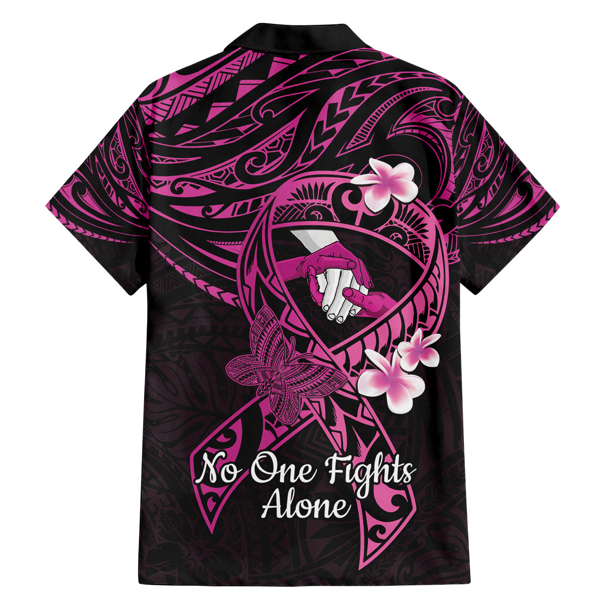 Polynesia Breast Cancer Awareness Family Matching Tank Maxi Dress and Hawaiian Shirt Pink Ribbon No One Fights Alone - Black LT14 - Polynesian Pride