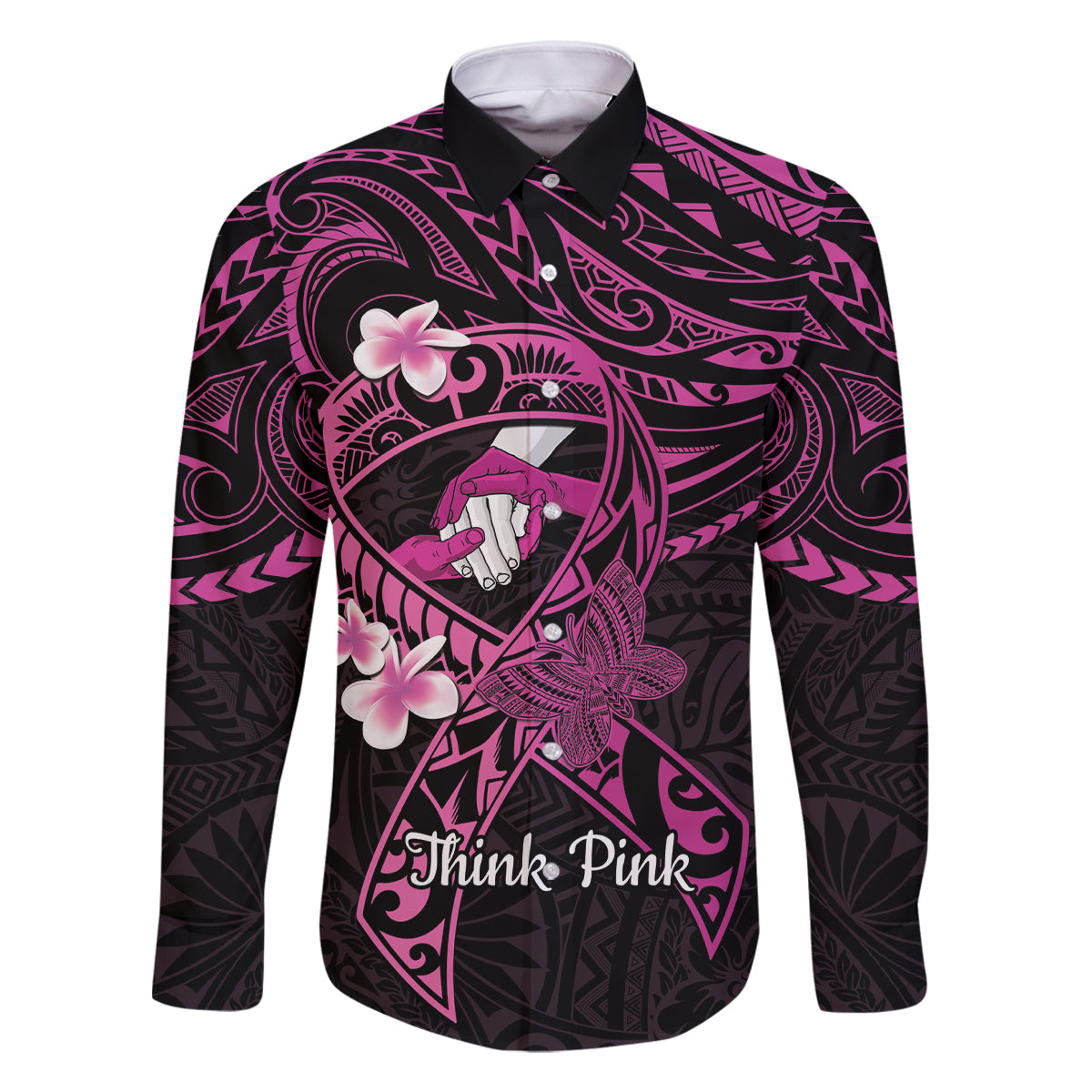 Polynesia Breast Cancer Awareness Family Matching Tank Maxi Dress and Hawaiian Shirt Pink Ribbon No One Fights Alone - Black LT14 Dad's Shirt - Long Sleeve Black - Polynesian Pride