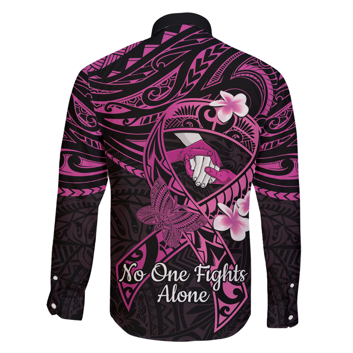 Polynesia Breast Cancer Awareness Family Matching Tank Maxi Dress and Hawaiian Shirt Pink Ribbon No One Fights Alone - Black LT14 - Polynesian Pride