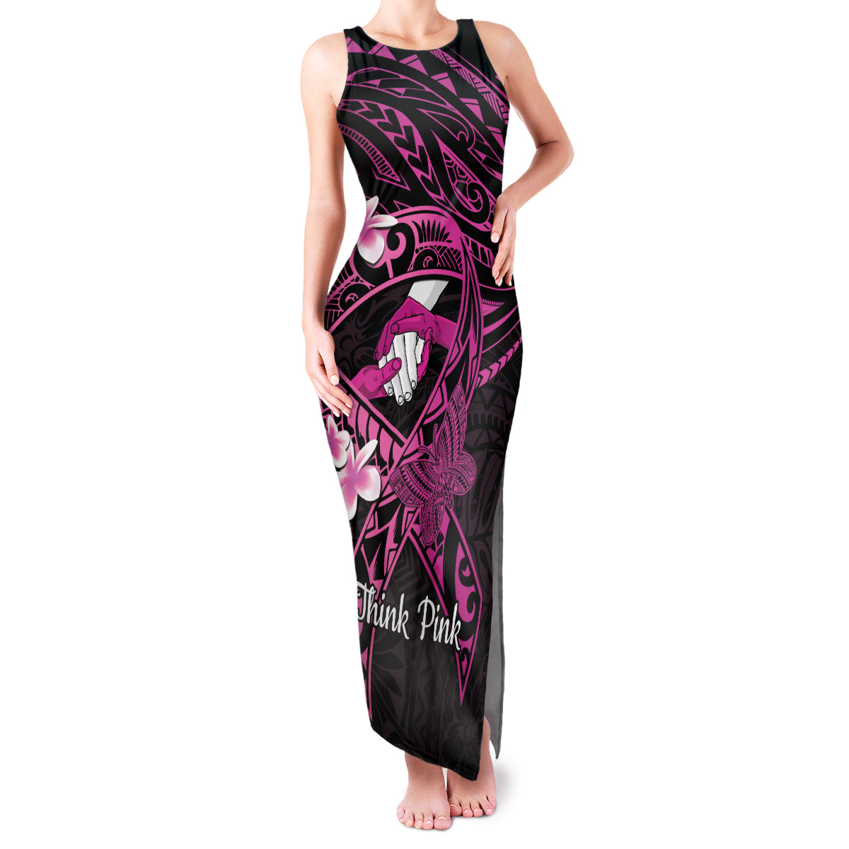 Polynesia Breast Cancer Awareness Family Matching Tank Maxi Dress and Hawaiian Shirt Pink Ribbon No One Fights Alone - Black LT14 Mom's Dress Black - Polynesian Pride