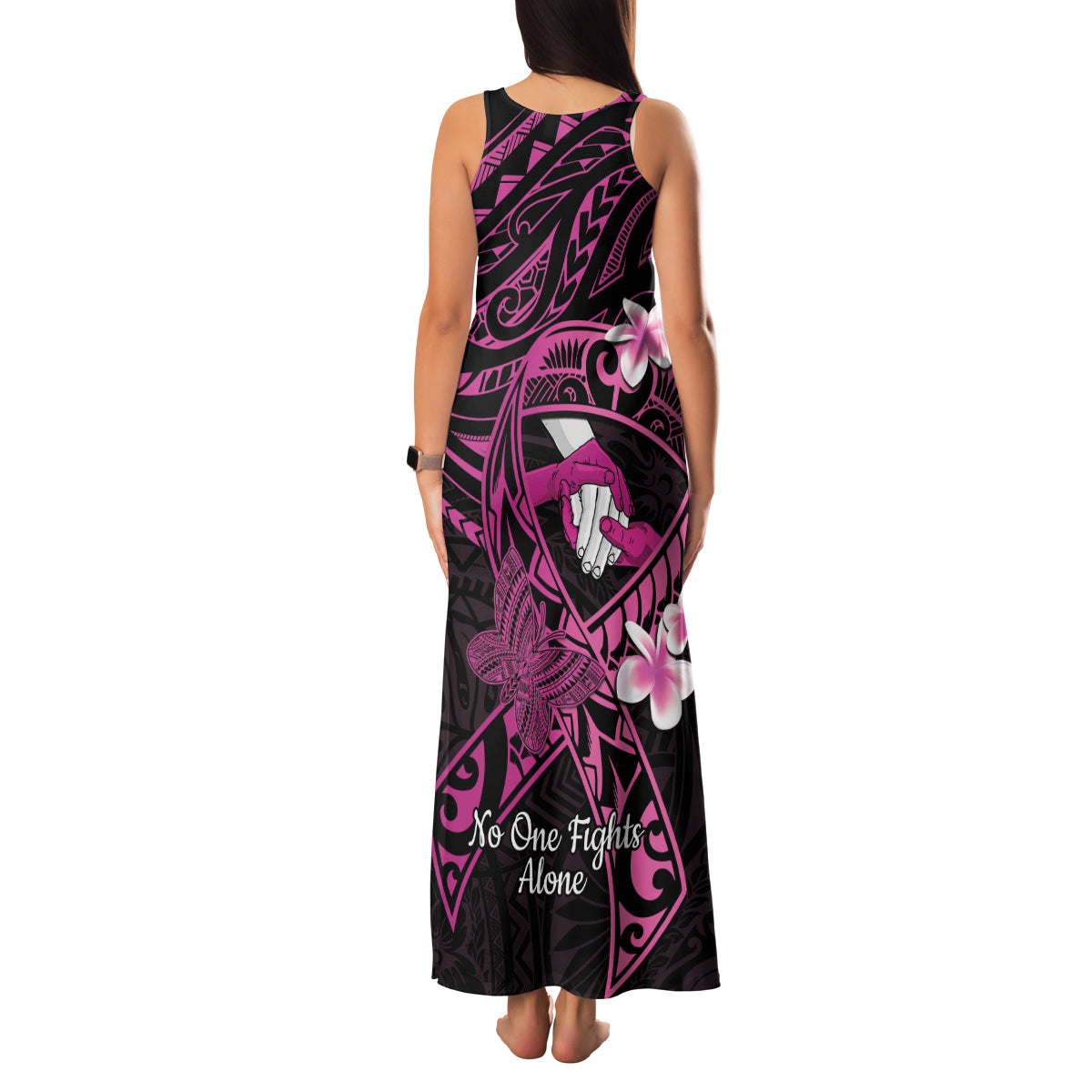 Polynesia Breast Cancer Awareness Family Matching Tank Maxi Dress and Hawaiian Shirt Pink Ribbon No One Fights Alone - Black LT14 - Polynesian Pride