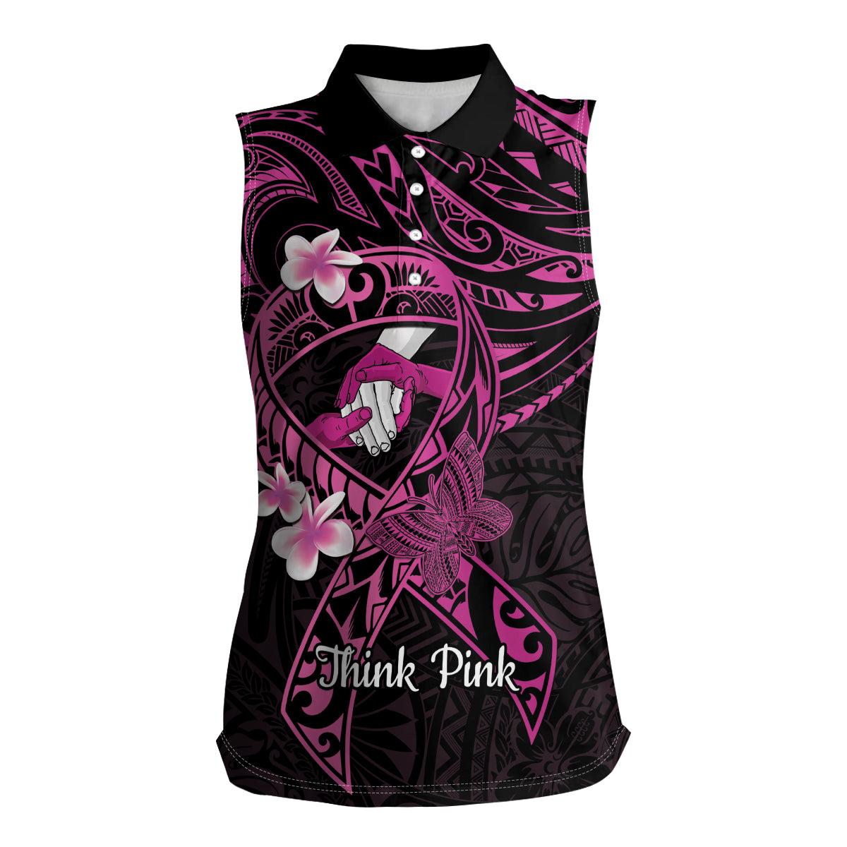 Polynesia Breast Cancer Awareness Women Sleeveless Polo Shirt Pink Ribbon No One Fights Alone - Black LT14 Female Black - Polynesian Pride
