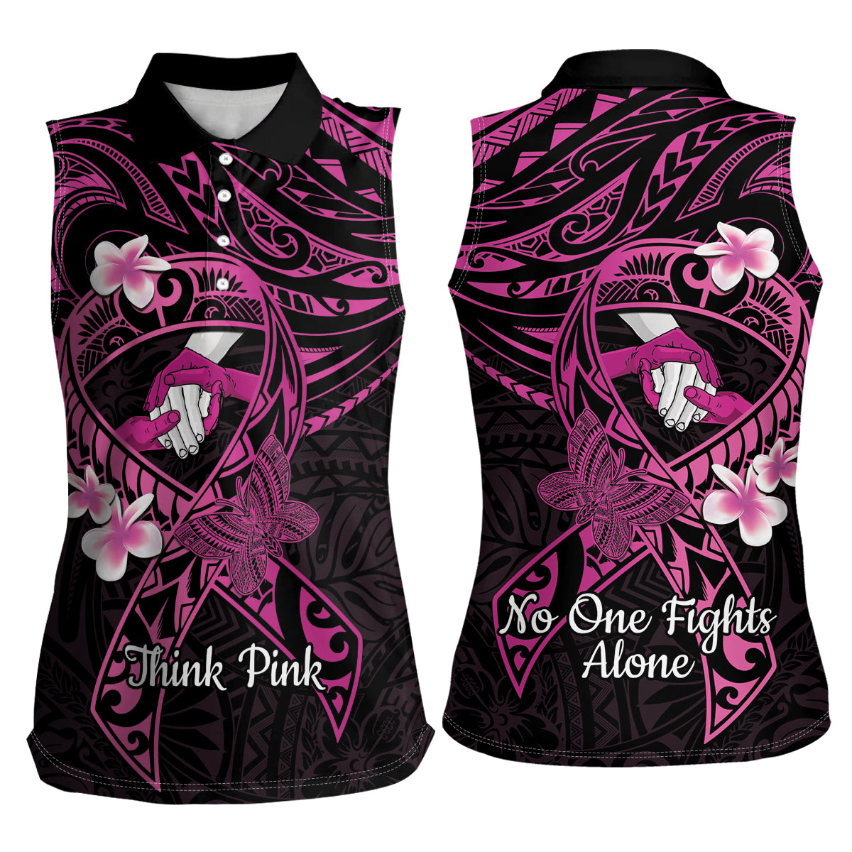 Polynesia Breast Cancer Awareness Women Sleeveless Polo Shirt Pink Ribbon No One Fights Alone - Black LT14 - Polynesian Pride