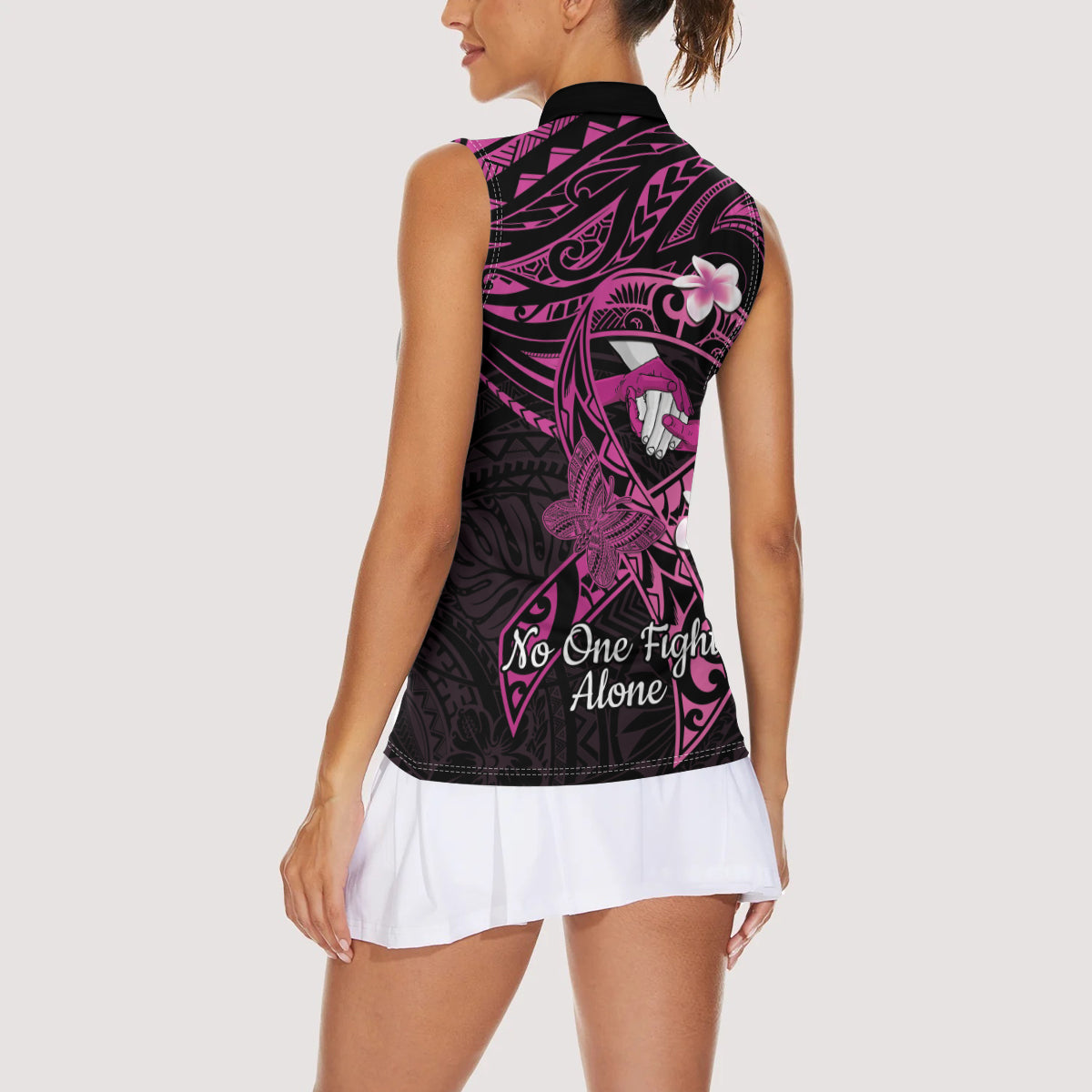 Polynesia Breast Cancer Awareness Women Sleeveless Polo Shirt Pink Ribbon No One Fights Alone - Black LT14 - Polynesian Pride