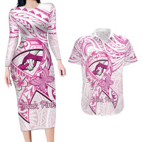 Polynesia Breast Cancer Awareness Couples Matching Long Sleeve Bodycon Dress and Hawaiian Shirt Pink Ribbon No One Fights Alone - White LT14 White - Polynesian Pride
