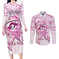 Polynesia Breast Cancer Awareness Couples Matching Long Sleeve Bodycon Dress and Long Sleeve Button Shirt Pink Ribbon No One Fights Alone - White LT14 White - Polynesian Pride