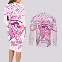 Polynesia Breast Cancer Awareness Couples Matching Long Sleeve Bodycon Dress and Long Sleeve Button Shirt Pink Ribbon No One Fights Alone - White LT14 - Polynesian Pride