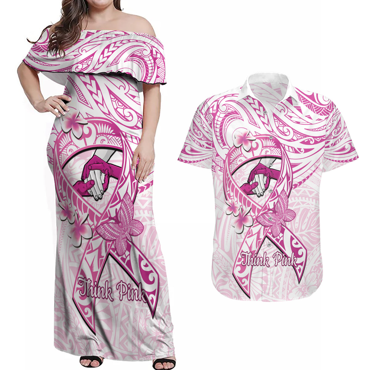 Polynesia Breast Cancer Awareness Couples Matching Off Shoulder Maxi Dress and Hawaiian Shirt Pink Ribbon No One Fights Alone - White LT14 White - Polynesian Pride