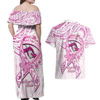 Polynesia Breast Cancer Awareness Couples Matching Off Shoulder Maxi Dress and Hawaiian Shirt Pink Ribbon No One Fights Alone - White LT14 - Polynesian Pride