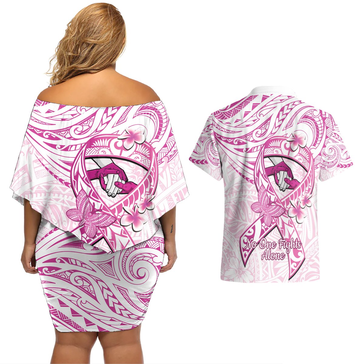 Polynesia Breast Cancer Awareness Couples Matching Off Shoulder Short Dress and Hawaiian Shirt Pink Ribbon No One Fights Alone - White LT14 - Polynesian Pride