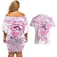 Polynesia Breast Cancer Awareness Couples Matching Off Shoulder Short Dress and Hawaiian Shirt Pink Ribbon No One Fights Alone - White LT14 - Polynesian Pride