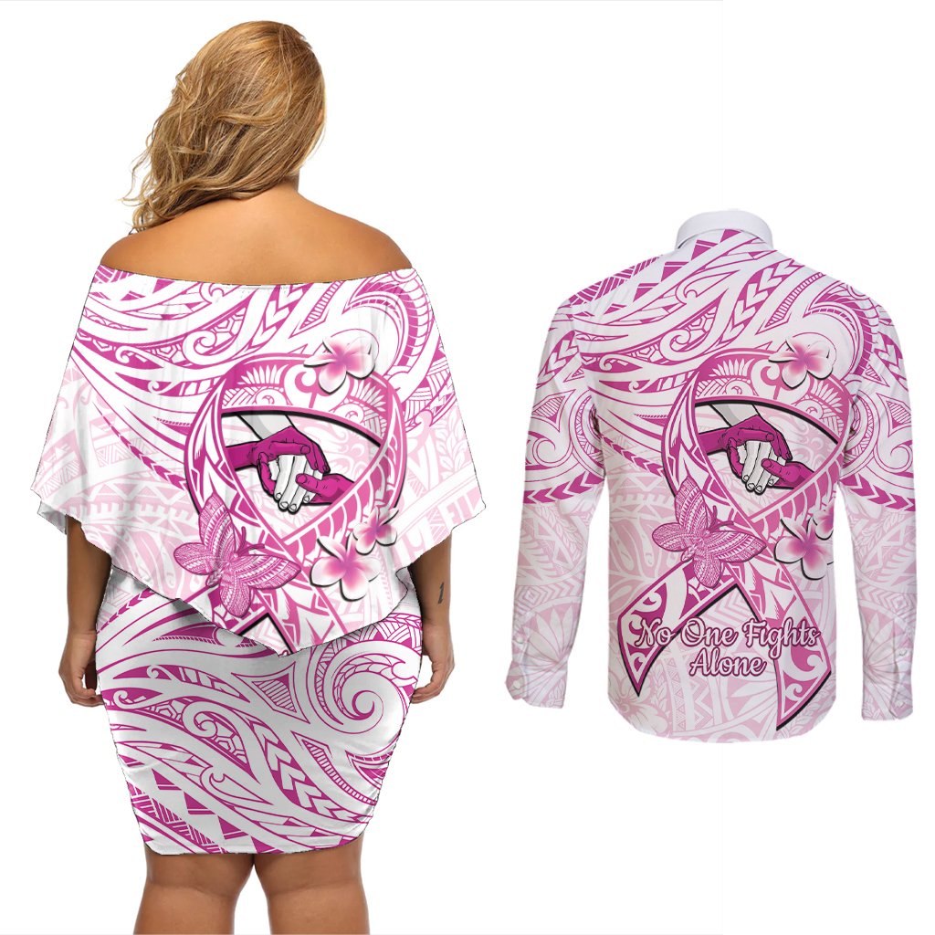 Polynesia Breast Cancer Awareness Couples Matching Off Shoulder Short Dress and Long Sleeve Button Shirt Pink Ribbon No One Fights Alone - White LT14 - Polynesian Pride