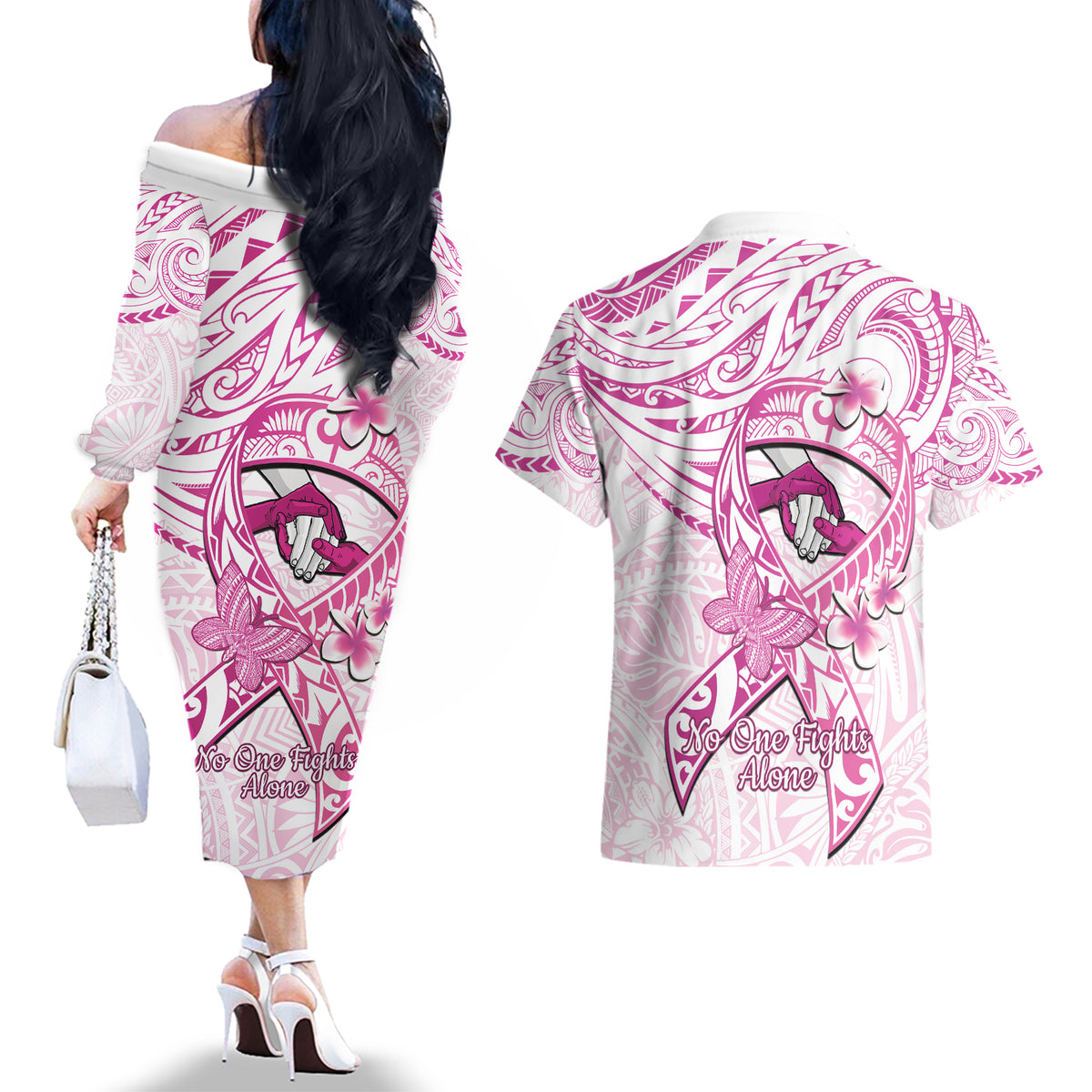 Polynesia Breast Cancer Awareness Couples Matching Off The Shoulder Long Sleeve Dress and Hawaiian Shirt Pink Ribbon No One Fights Alone - White LT14 - Polynesian Pride