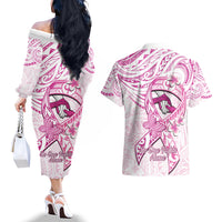 Polynesia Breast Cancer Awareness Couples Matching Off The Shoulder Long Sleeve Dress and Hawaiian Shirt Pink Ribbon No One Fights Alone - White LT14 - Polynesian Pride