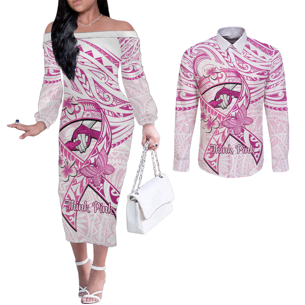 Polynesia Breast Cancer Awareness Couples Matching Off The Shoulder Long Sleeve Dress and Long Sleeve Button Shirt Pink Ribbon No One Fights Alone - White LT14 White - Polynesian Pride
