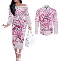 Polynesia Breast Cancer Awareness Couples Matching Off The Shoulder Long Sleeve Dress and Long Sleeve Button Shirt Pink Ribbon No One Fights Alone - White LT14 White - Polynesian Pride