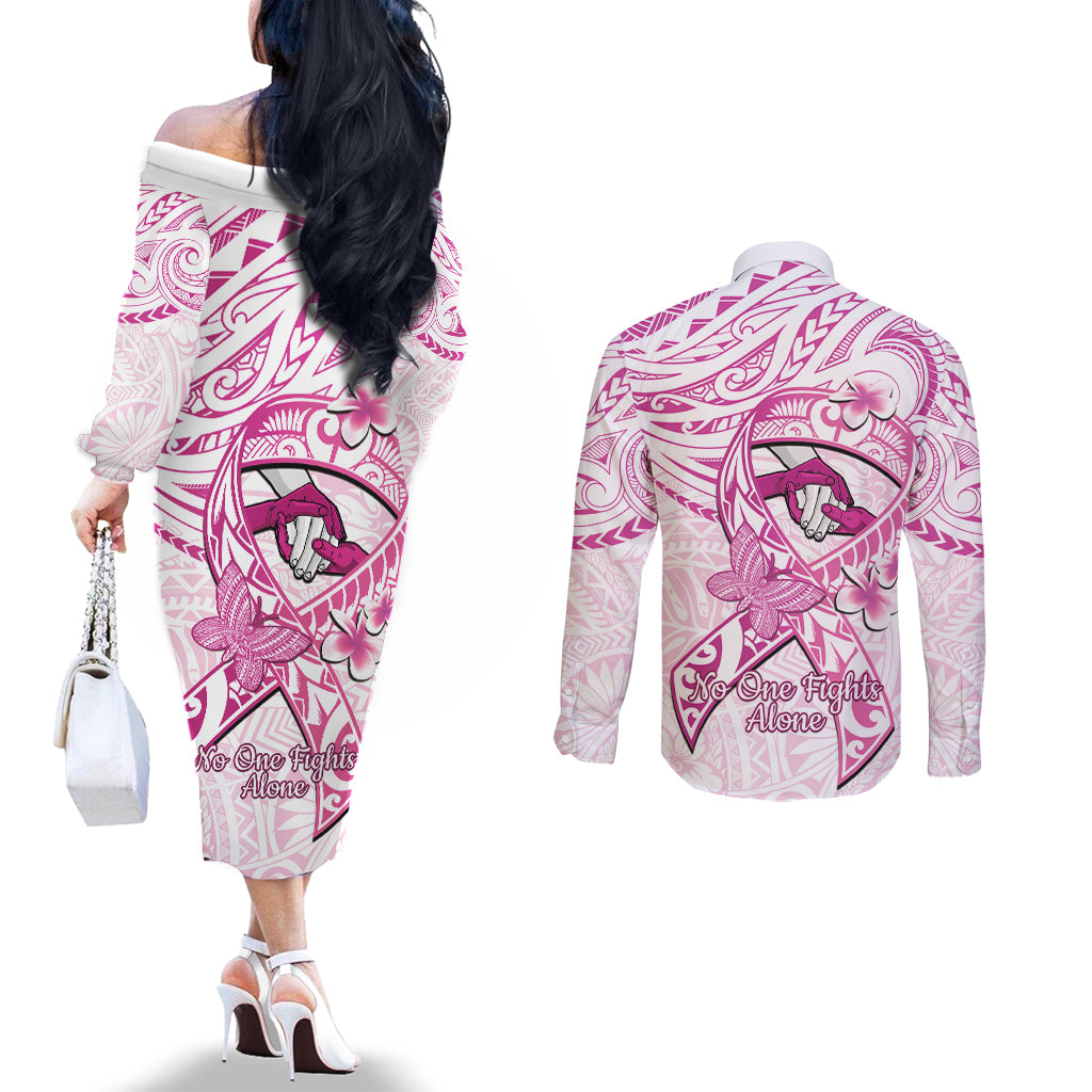 Polynesia Breast Cancer Awareness Couples Matching Off The Shoulder Long Sleeve Dress and Long Sleeve Button Shirt Pink Ribbon No One Fights Alone - White LT14 - Polynesian Pride