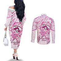 Polynesia Breast Cancer Awareness Couples Matching Off The Shoulder Long Sleeve Dress and Long Sleeve Button Shirt Pink Ribbon No One Fights Alone - White LT14 - Polynesian Pride