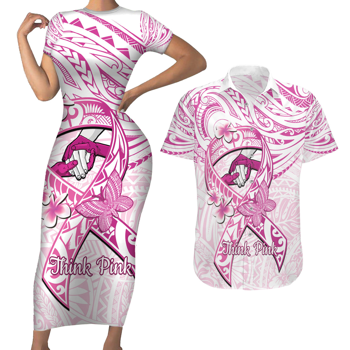 Polynesia Breast Cancer Awareness Couples Matching Short Sleeve Bodycon Dress and Hawaiian Shirt Pink Ribbon No One Fights Alone - White LT14 White - Polynesian Pride