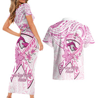 Polynesia Breast Cancer Awareness Couples Matching Short Sleeve Bodycon Dress and Hawaiian Shirt Pink Ribbon No One Fights Alone - White LT14 - Polynesian Pride