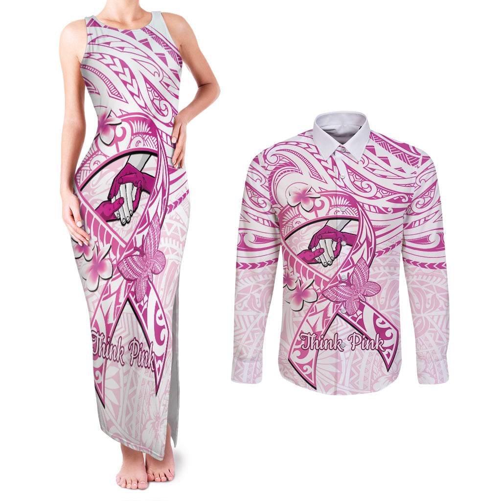 Polynesia Breast Cancer Awareness Couples Matching Tank Maxi Dress and Long Sleeve Button Shirt Pink Ribbon No One Fights Alone - White LT14 White - Polynesian Pride