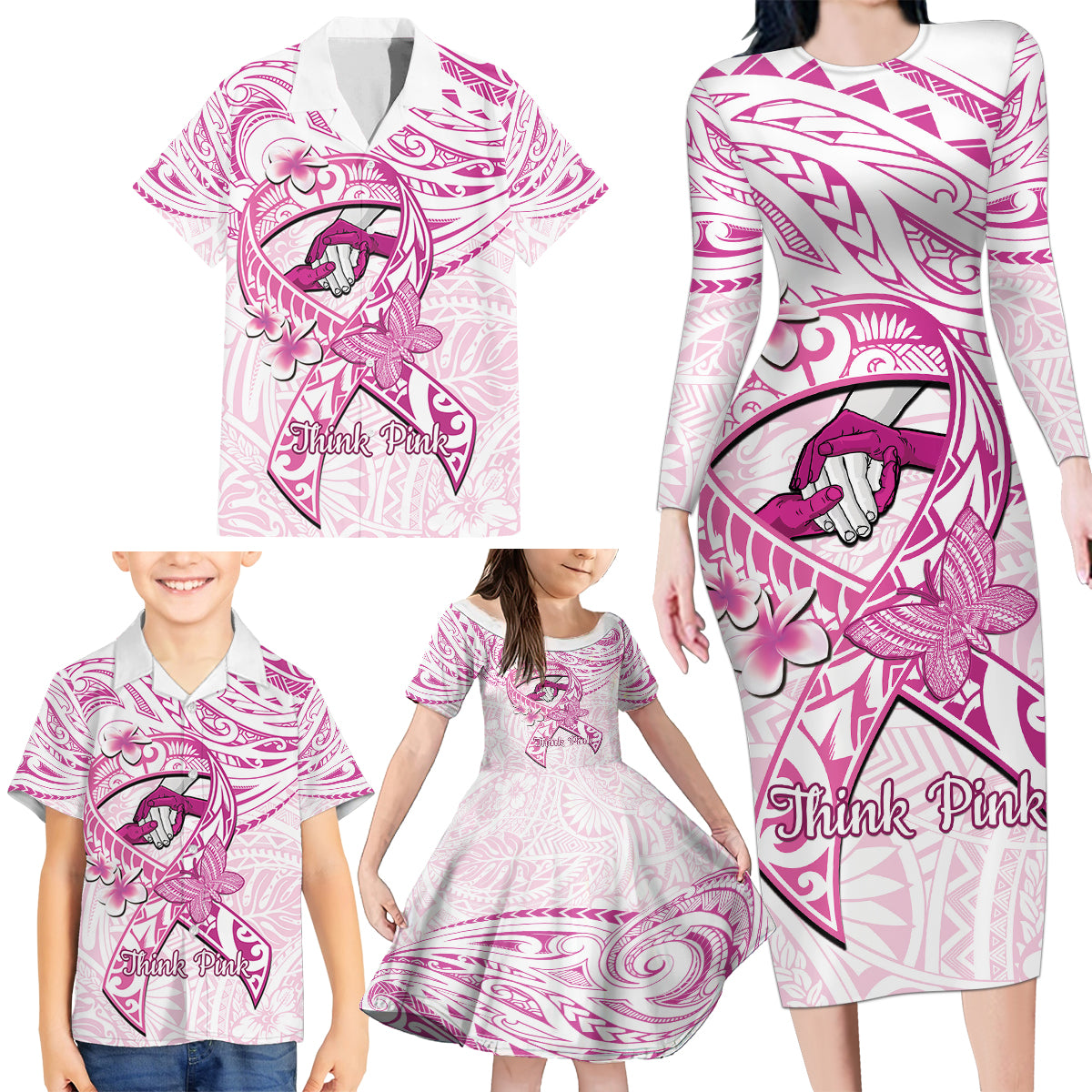 Polynesia Breast Cancer Awareness Family Matching Long Sleeve Bodycon Dress and Hawaiian Shirt Pink Ribbon No One Fights Alone - White LT14 - Polynesian Pride