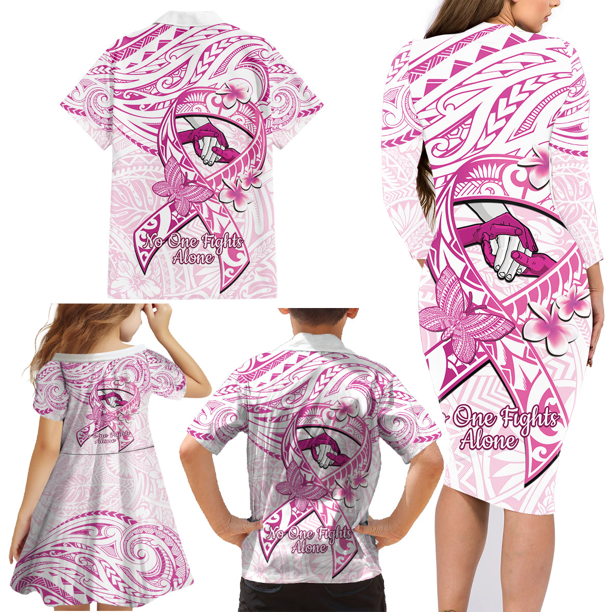 Polynesia Breast Cancer Awareness Family Matching Long Sleeve Bodycon Dress and Hawaiian Shirt Pink Ribbon No One Fights Alone - White LT14 - Polynesian Pride