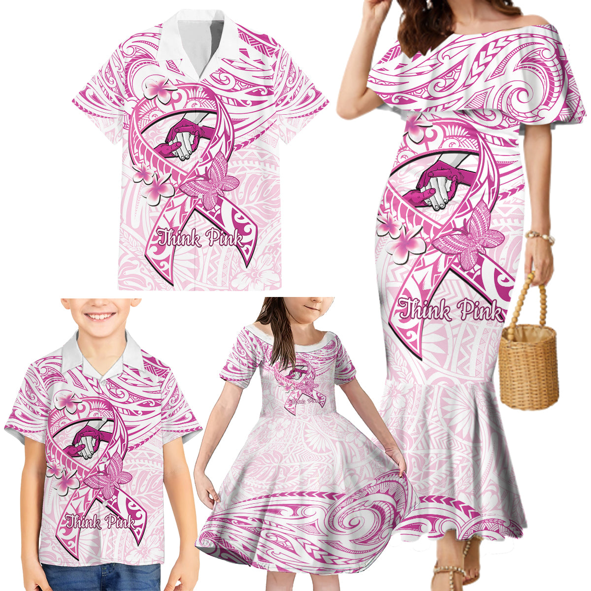 Polynesia Breast Cancer Awareness Family Matching Mermaid Dress and Hawaiian Shirt Pink Ribbon No One Fights Alone - White LT14 - Polynesian Pride