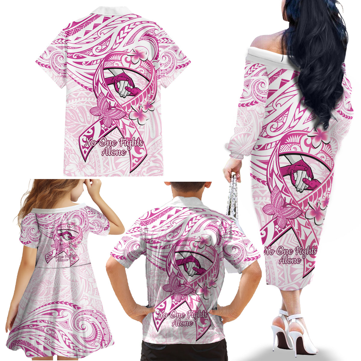 Polynesia Breast Cancer Awareness Family Matching Off The Shoulder Long Sleeve Dress and Hawaiian Shirt Pink Ribbon No One Fights Alone - White LT14 - Polynesian Pride