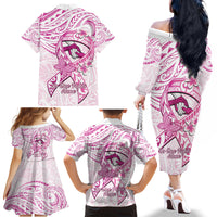 Polynesia Breast Cancer Awareness Family Matching Off The Shoulder Long Sleeve Dress and Hawaiian Shirt Pink Ribbon No One Fights Alone - White LT14 - Polynesian Pride