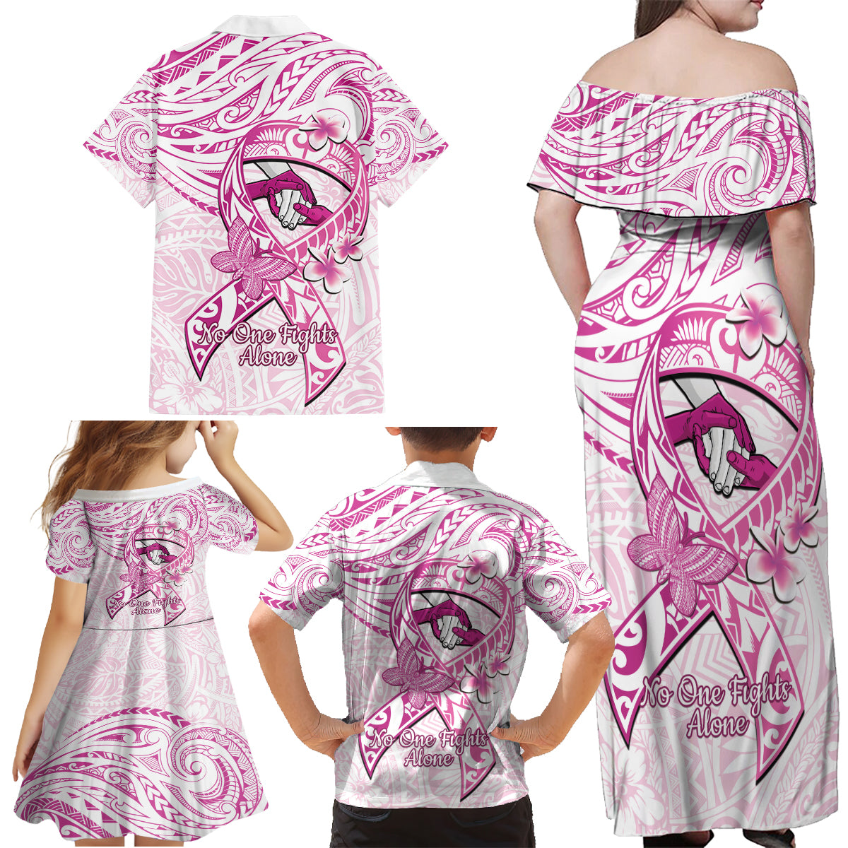 Polynesia Breast Cancer Awareness Family Matching Off Shoulder Maxi Dress and Hawaiian Shirt Pink Ribbon No One Fights Alone - White LT14 - Polynesian Pride
