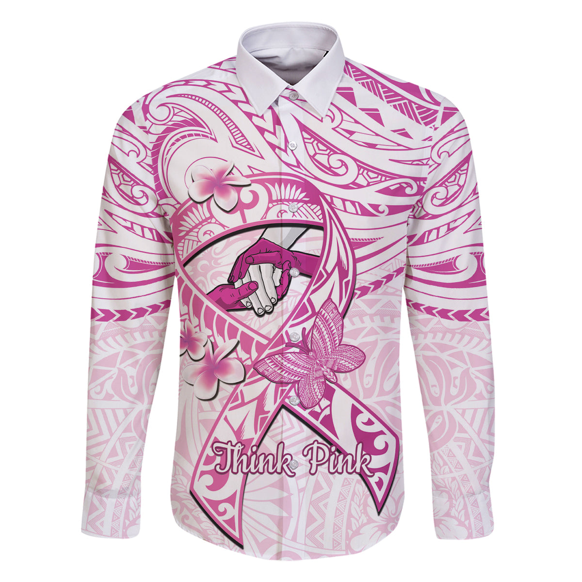 Polynesia Breast Cancer Awareness Family Matching Off Shoulder Maxi Dress and Hawaiian Shirt Pink Ribbon No One Fights Alone - White LT14 Dad's Shirt - Long Sleeve White - Polynesian Pride
