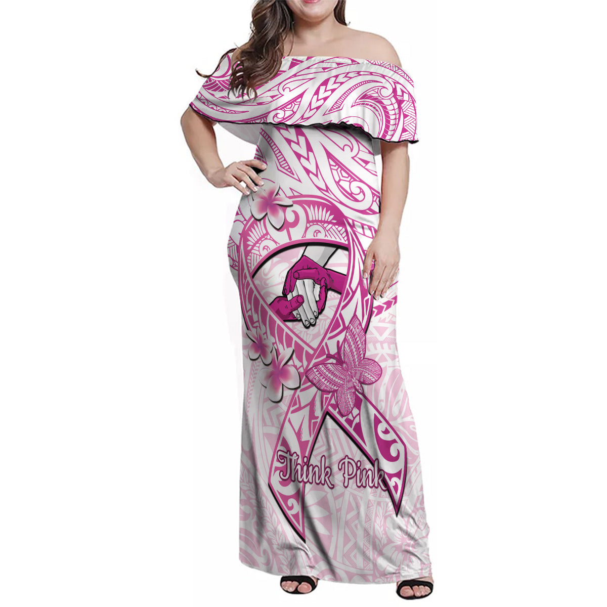 Polynesia Breast Cancer Awareness Family Matching Off Shoulder Maxi Dress and Hawaiian Shirt Pink Ribbon No One Fights Alone - White LT14 Mom's Dress White - Polynesian Pride
