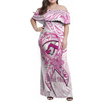 Polynesia Breast Cancer Awareness Family Matching Off Shoulder Maxi Dress and Hawaiian Shirt Pink Ribbon No One Fights Alone - White LT14 Mom's Dress White - Polynesian Pride