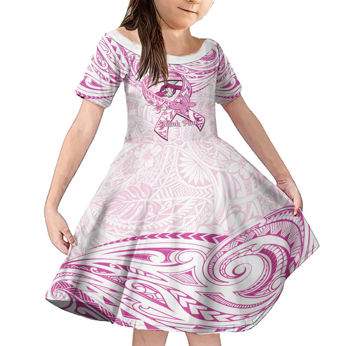 Polynesia Breast Cancer Awareness Family Matching Off Shoulder Short Dress and Hawaiian Shirt Pink Ribbon No One Fights Alone - White LT14 Daughter's Dress White - Polynesian Pride