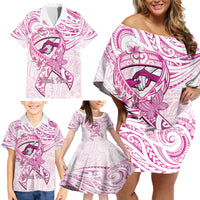 Polynesia Breast Cancer Awareness Family Matching Off Shoulder Short Dress and Hawaiian Shirt Pink Ribbon No One Fights Alone - White LT14 - Polynesian Pride