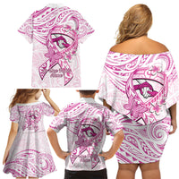 Polynesia Breast Cancer Awareness Family Matching Off Shoulder Short Dress and Hawaiian Shirt Pink Ribbon No One Fights Alone - White LT14 - Polynesian Pride