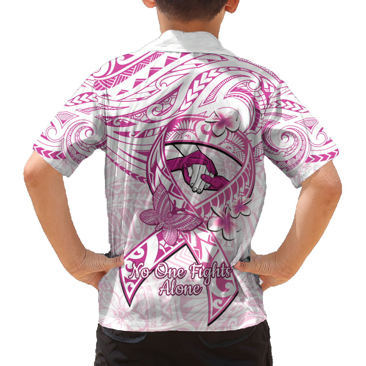 Polynesia Breast Cancer Awareness Family Matching Puletasi and Hawaiian Shirt Pink Ribbon No One Fights Alone - White LT14 - Polynesian Pride
