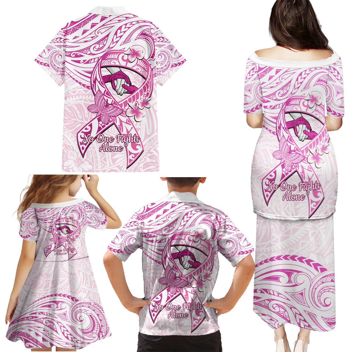 Polynesia Breast Cancer Awareness Family Matching Puletasi and Hawaiian Shirt Pink Ribbon No One Fights Alone - White LT14 - Polynesian Pride